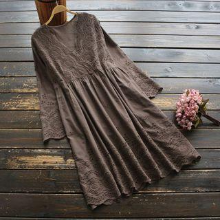 V-neck Long-sleeve Mini A-line Eyelet Dress
