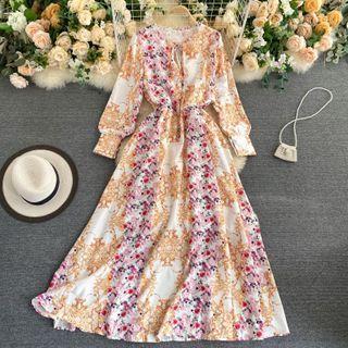 Round-neck Lace-up Strap Print Dress As Shown In Figure - One Size