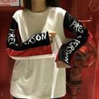 Color-block Velvet Lettering Long-sleeve T-shirt