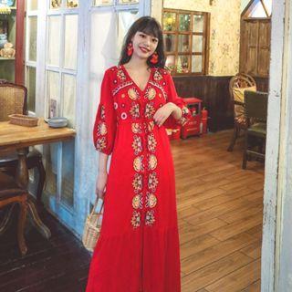V-neck Embroidered Maxi A-line Dress