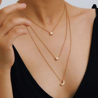 Star Heart Moon Layered Pendant Necklace Gold - One Size
