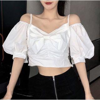 Puff-sleeve Cold-shoulder Ribbon Blouse White - One Size