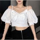 Puff-sleeve Cold-shoulder Ribbon Blouse White - One Size