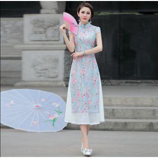 Floral Print Cap-sleeve A-line Qipao