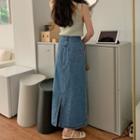 Back-slit Denim Maxi A-line Skirt