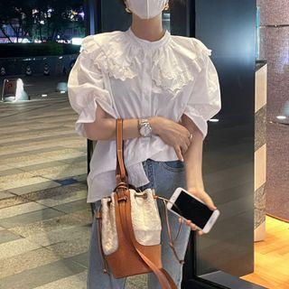 Puff-sleeve Plain Lace Trim Blouse White - One Size