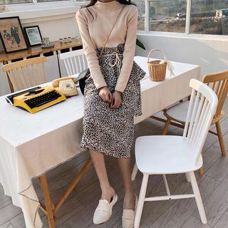 Long-sleeve Leopard Print Midi Knit Layered Dress