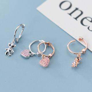 925 Sterling Silver Rhinestone Bear / Heart Dangle Earring