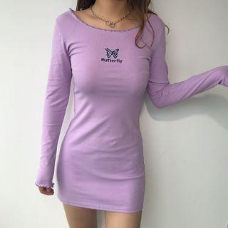 Long-sleeve Butterfly Embroidered Sheath Dress