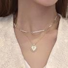 Heart Pendant Faux Pearl Layered Choker Necklace X422 - Gold - One Size