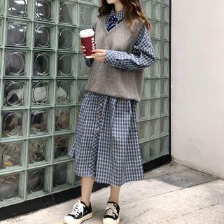 V-neck Knit Vest / Plaid Midi Shirtdress With Striped Necktie