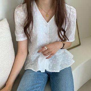 Short-sleeve Crochet Blouse White - One Size