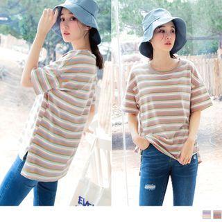 Slit-side Short-sleeve Striped T-shirt