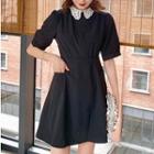 Short-sleeve Crochet Collar A-line Dress Black - One Size