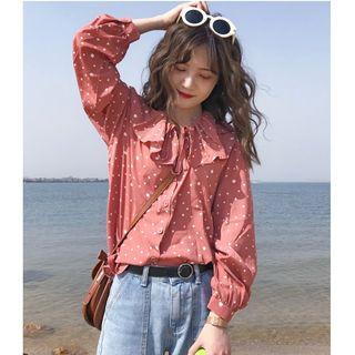 Long-sleeve Dotted Frill-trim Top
