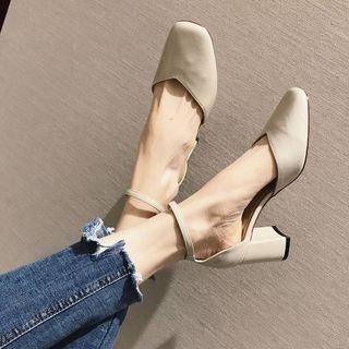 Faux Leather Block Heel Square Toe Pumps