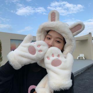 Rabbit Ear Fluffy Hooded Scarf White - One Size