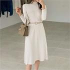 Mock-neck Rib Knit Dress With Belt