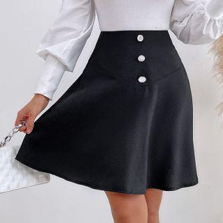 High-waist Button-up A-line Pleated Semi Skirt