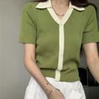 Short-sleeve Color Block Polo Collar Top Green - One Size