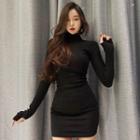 Long-sleeve Turtleneck Mini Bodycon Dress Black - One Size