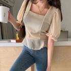 Tie-back Puff-sleeve Smocked Blouse