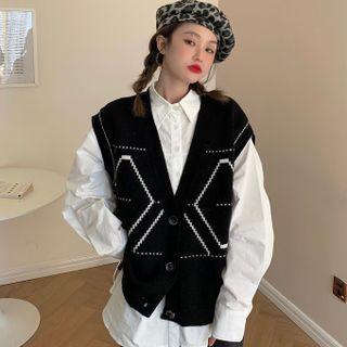 V-neck Argyle Button-up Knit Vest / Long-sleeve Plain Shirt