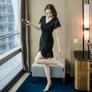 Glitter Ruffle Short-sleeve Mini A-line Dress