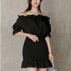 Off-shoulder Crinkled Mini Sheath Dress Black - One Size
