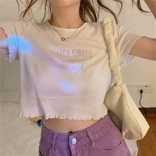 Frill Trim Letter Embroidered Cropped Top White - One Size