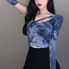 Long-sleeve One-shoulder Tie-dyed T-shirt Blue - One Size