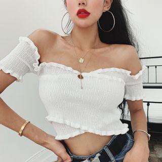 Off-shoulder Frilled Trim Cropped Knit Top