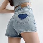 Heart Patch Washed Denim Shorts
