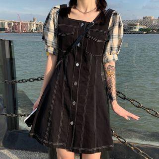 Short-sleeve Plaid Panel Mini A-line Denim Dress