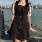 Short-sleeve Plaid Panel Mini A-line Denim Dress