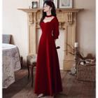 Puff-sleeve Velvet A-line Evening Gown