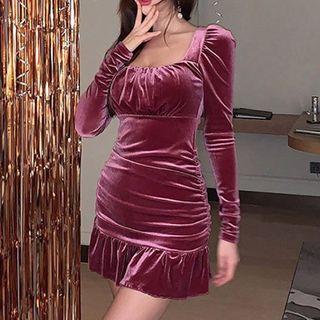 Square Neck Puff Sleeve Velvet Ruched Dress