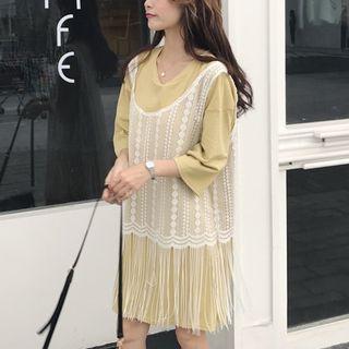 Tassel Top + Plain 3/4-sleeve Dress
