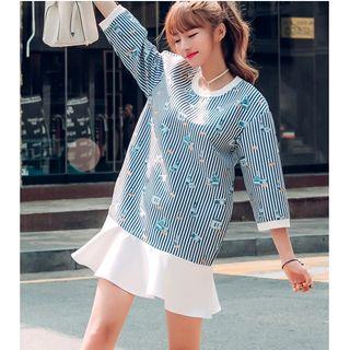 Striped 3/4 Sleeve Ruffle Hem Mini Dress