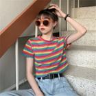 Short-sleeve Striped Crop T-shirt Stripes - Multicolor - One Size
