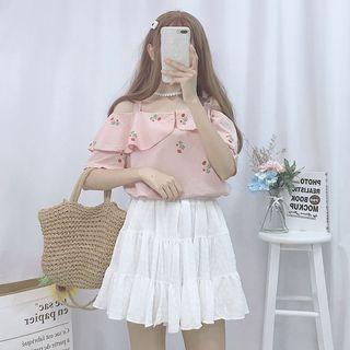 Flower Print Cold-shoulder Ruffled Blouse