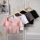Short-sleeve Square-neck Plain Padded Top