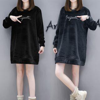 Lettering Embroidered Mini Velvet Pullover Dress