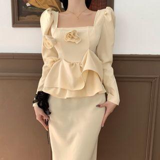 Long-sleeve Square-neck Flower Applique Midi Sheath Dress