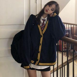 Contrast Trim Cardigan / Shirt / Striped Tie / Set