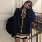 Contrast Trim Cardigan / Shirt / Striped Tie / Set