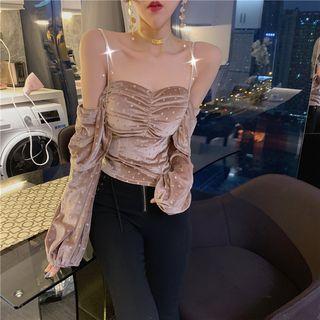 Cold-shoulder Lantern-sleeve Velvet Top