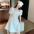 Puff-sleeve Square-neck Buttoned A-line Dress