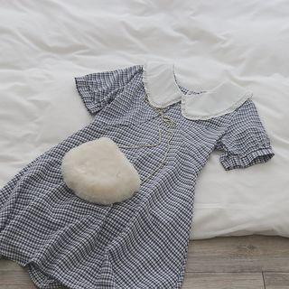 Peter Pan-collar Checked A-line Dress Blue - One Size