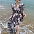 Flared-cuff Printed Asymmetrical A-line Dress
